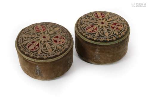 A Pair of Ottoman Style Velvet Drum Footstools, 20th century, gilt embroidered with foliage and