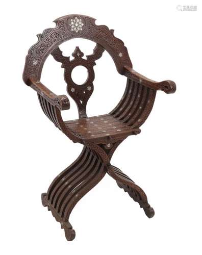 A Damascus Bone Inlaid Hardwood Savonarola Chair, late 19th century, with arched cresting, tricorn