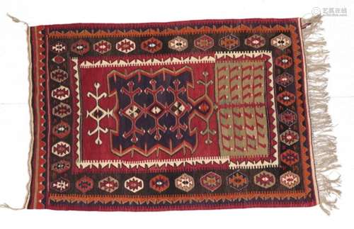 Anatolian Kilim, 20th century The crimson field with central panel of hooked motifs and another