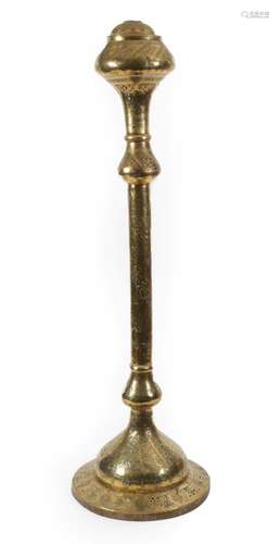 A Cairo Ware Brass Lamp Stand, late 19th century, with domed top, ovoid reservoir and knopped and