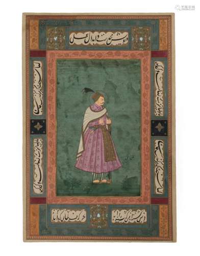 Qajar (19th century) Portrait of a Mughal Ruler within a border of calligraphy and foliate panels