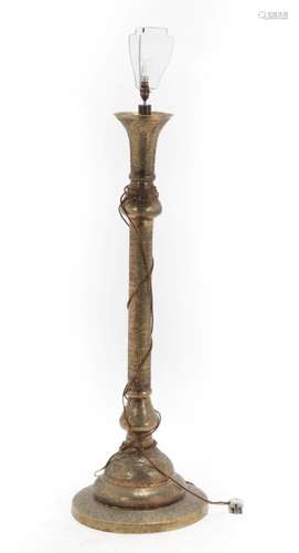 A Cairo Ware Brass Lamp Standard, late 19th/early 20th century, with trumpet neck and cylindrical