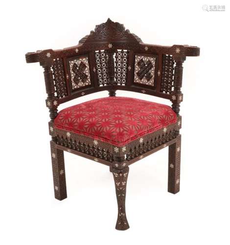 A Syrian Bone and Mother-of-Pearl Inlaid Hardwood Corner Chair, late 19th/early 20th century, with