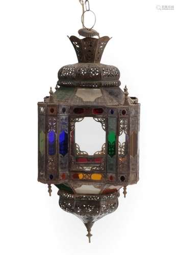 A Turkish Patinated Brass and Coloured Glass Lantern, late 19th/early 20th century, of square