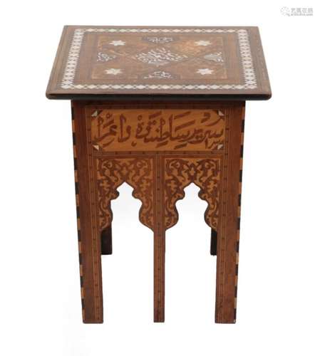 A Mother-of-Pearl Inlaid Olivewood and Marquetry Table, probably Damascus, late 19th century, the