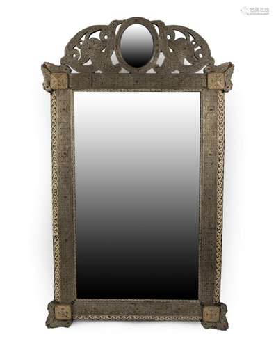 A Damascus Bone Inlaid and White Metal Mounted Hardwood Overmantel Mirror, late 19th/early 20th