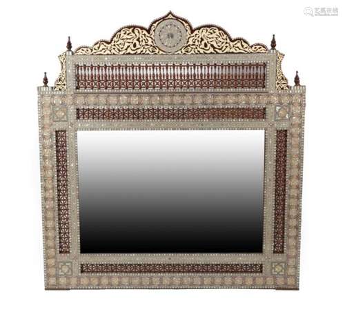 A Mother-of-Pearl and Bone Inlaid Marquetry Wall Mirror, Damascus, circa 1900, of arched rectangular