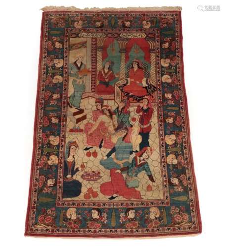 Kashan Pictorial Rug Central Iran, circa 1940 The polychrome scene depicting a harem scene