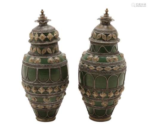 A Pair of Persian White Metal Mounted Green Glazed Pottery Vases and Covers, early 20th century,