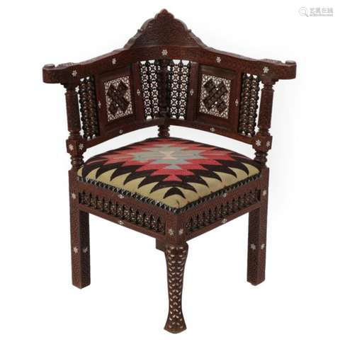 A Damascus Bone and Mother-of-Pearl Inlaid Hardwood Corner Chair, late 19th/early 20th century, with