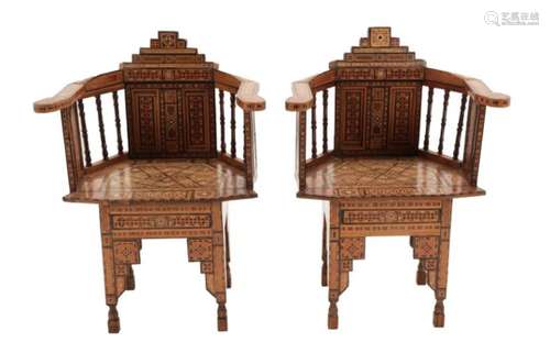 A Pair of Damascus Bone, Mother-of-Pearl and Marquetry Armchairs, early 20th century, with spindle