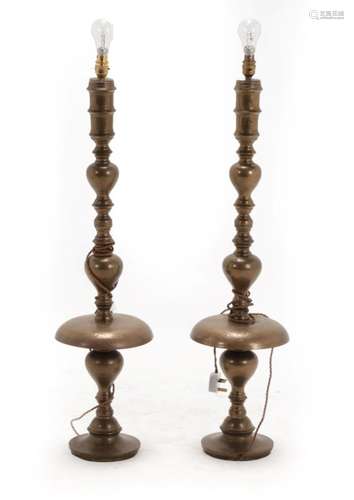 A Pair of Ottoman Patinated Brass Lamp Stands, late 19th/early 20th century, of knopped baluster