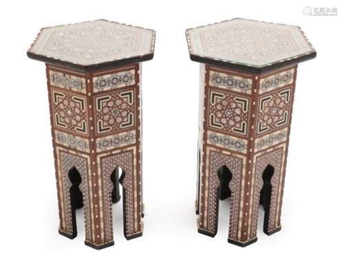 A Pair of Damascus, Bone, Mother-of-Pearl and Faux Tortoiseshell Inlaid Hardwood Tables, 1st half