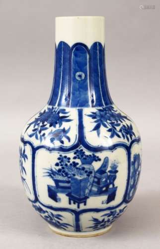 A 19TH CENTURY CHINESE BLUE & WHITE PORCELAIN VASE, the body of the vase decorated with panels of