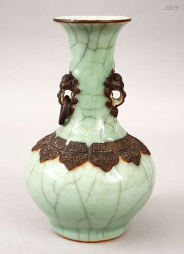 A 19TH / 20TH CENTURY CHINESE CELADON CRACKLE GLAZED TIN HANDLE PORCELAIN VASE, the body with