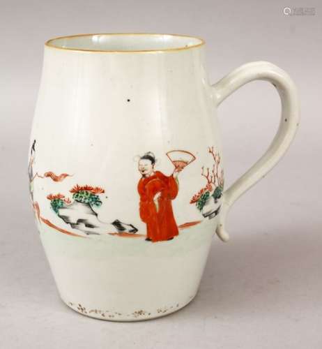 AN 18TH CENTURY CHINESE FAMILLE ROSE PORCELAIN JUG, decorated to the body with scenes of figures