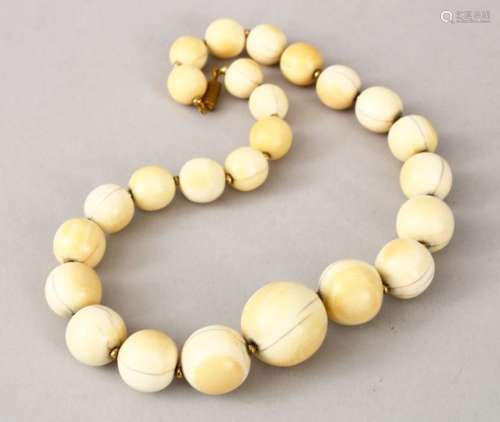 A SET OF 19TH CENTURY CARVED IVORY BEAD NECKLACE, comprising of 25 graduating size round beads, with