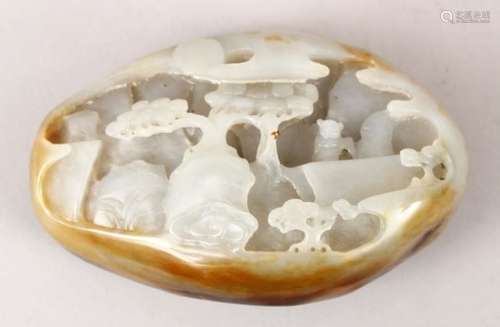 A GOOD 18TH / 19TH CENTURY CHINESE CARVED JADE PEBBLE, carved with a landscape scene, 11.5cm wide