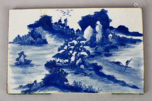 A 19TH CENTURY CHIENSE BLUE & WHITE PORCELAIN TILE / PLAQUE, decorated in qianlong style with scenes