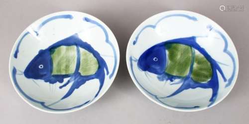 A PAIR OF 19TH CENTURY MING STYLE PORCELAIN FISH PLATES, decorated with a leaping carp, 22.5cm.