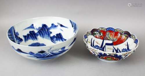 TWO JAPANESE MEIJI / TAISHO PERIOD BLUE & WHITE / IMARI PORCELAIN BOWLS, the fist a large blue &