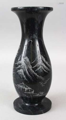 A 20TH CENTURY CHINESE ENGRAVED MARBLE VASE, the vase with engraved decoration of mountains 25cm