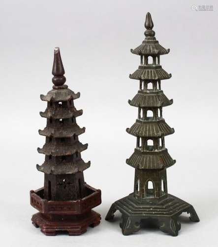 TO 20TH CENTURY CHINESE MINIATURE PAGODA MODELS, one formed from bronze, 22.5cm high , one carved