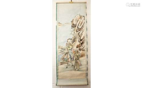 TWO PAIRS OF 20TH CENTURY CHINESE HANGING WATERCOLOUR PAINTED SCROLLS, one pair depicting scenes