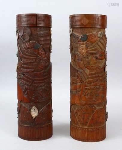 A PAIR OF 19TH CENTURY CHINESE BAMBOO & MOTHER 0F PEARL BRUSH POTS, carved in relief with scenes