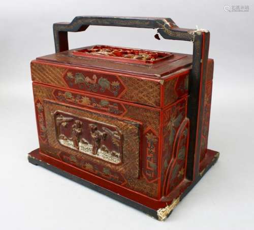 A GOOD CHINESE LACQUERED BOX & COVER WITH MOULDED HANDLE, the box with carved panels in canton style