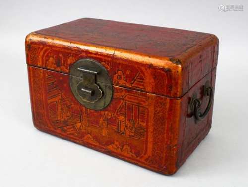 A 20TH CENTURY CHINESE LACQUERED CASKET, with twin handles and lock, decorated with scnes of figures