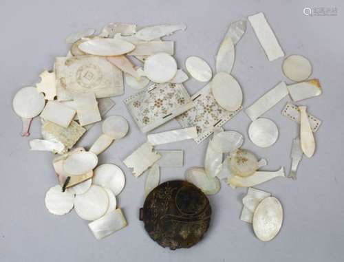 A MIXED LOT OF 19TH CENTURY CHINESE CARVED MOTHER OF PEARL GAME COUNTERS, all varying shapes and