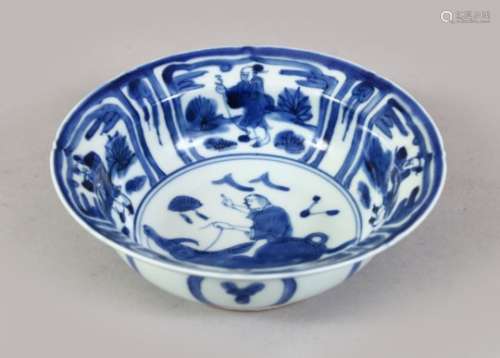 A CHINESE MING STYLE KRAAK PORCELAIN BOWL, the bowl decorated with scenes of a figure upon horseback