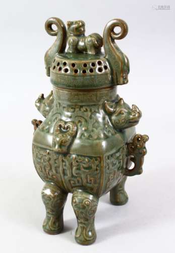 A GOOD CHINESE LONGQUAN PORCELAIN INCENSE BURNER, with moulded archaic style design with moulded