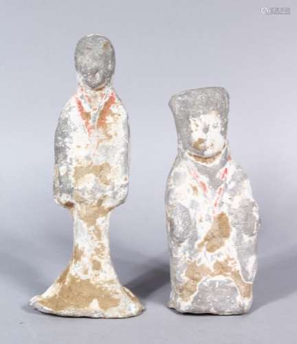 TWO EARLY CHINESE TANG STYLE POTTERY FIGURES OF WARRIORS / FIGURES, both with worn signs of