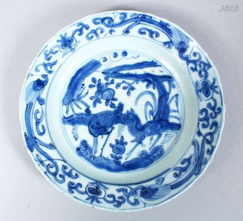 A GOOD CHINESE MING DYNASTY BLUE & WHITE PORCELAIN PLATE, decorated with scenes of fruit and vine,