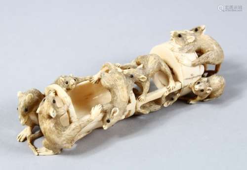 A GOOD QUALITY JAPANESE MEIJI PERIOD CARVED IVORY OKIMONO - RAT GROUP, the group with ten rats