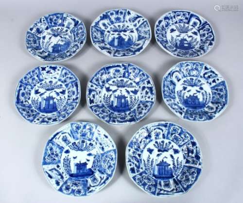 EIGHT CHINESE 18TH CENTURY KANGXI PORCELAIN BLUE & WHITE PLATES, each decorated with similar