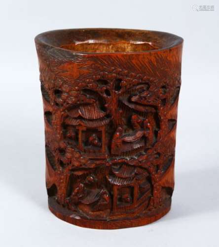 A GOOD CHINESE 19TH / 20TH CENTURY CANTON CARVED BAMBOO BRUSH POT, depicting scenes of figures