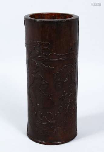 A 19TH CENTURY CHINESE CARVED BAMBOO BRUSH POT, the body decorated with scenes of jumping koi carp /