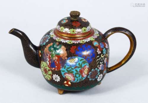 A GOOD LATE 19TH CENTURY CHINESE CLOISONNE TEAPOT & COVER, the body of the pot with a black ground