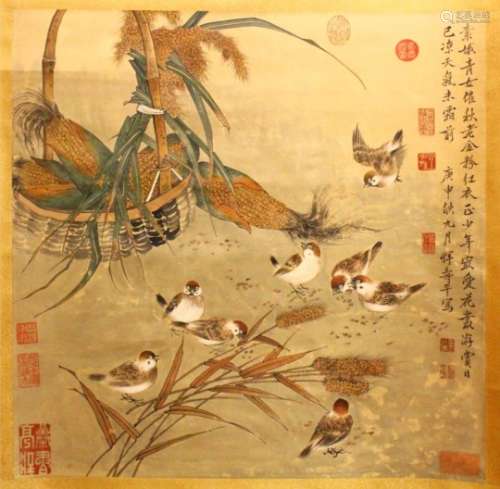 A LARGE CHINESE HANGING SCROLL PAINTING OF BIRDS, the birds grazing beside a basket of cobs, with