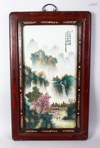 A GOOD CHINESE REPUBLIC STYLE PORCELAIN FRAMED PANEL, the panel depicting figures amongst native