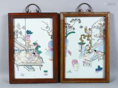 A GOOD PAIR OF CHINESE LATE 19TH CENTURY REPUBLIC PERIOD PORCELAIN EROTIC PANELS, each panel