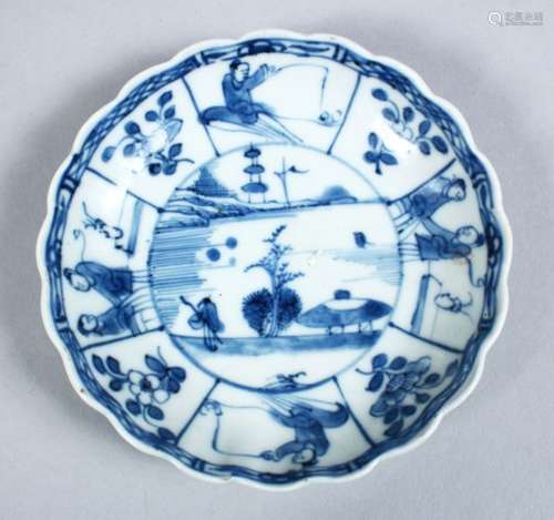 A GOOD CHINESE KANGXI PERIOD BLUE & WHITE PORCELAIN SAUCER, the saucer decorated with landscape