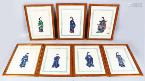 A GOOD SET OF SEVEN 19TH CENTURY CHINESE PAINTINGS ON RICE PAPER, each painting of a different