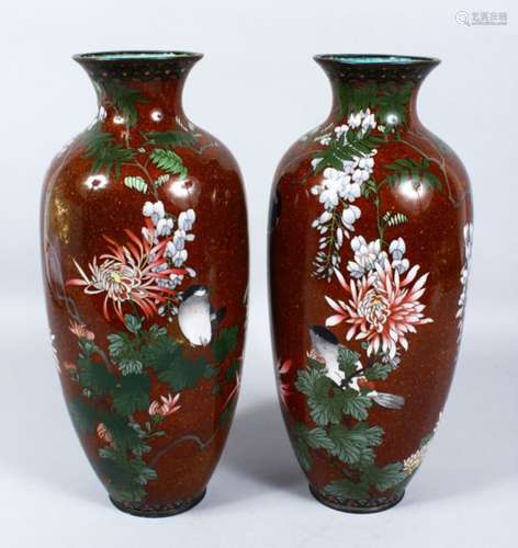 A LARGE PAIR OF JAPANESE MEIJI PERIOD CLOISONNE VASES, the vases with a gold speck ground