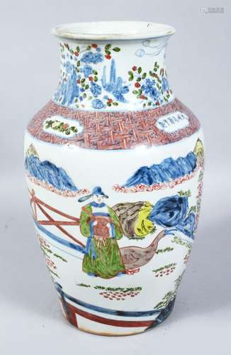 A GOOD CHINESE WUCAI DECORATED PORCELAIN VASE, the body decorated with scenes of figures and animals