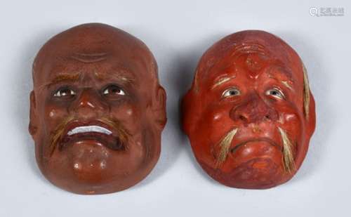 TWO GOOD JAPANESE MEIJI / TAISHO PERIOD LACQUER NOH MASKS, both with real hair details, 6cm. (2)