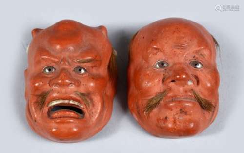 TWO GOOD JAPANESE MEIJI / TAISHO PERIOD LACQUER NOH MASKS, both with real hair details, 6.5cm. (2)